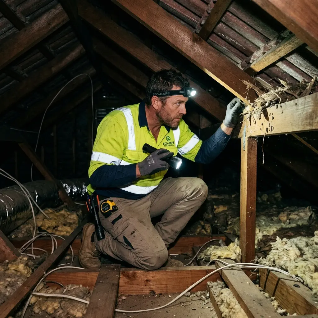 Technician inspecting a roof cavity for a dead animal in Connewarre