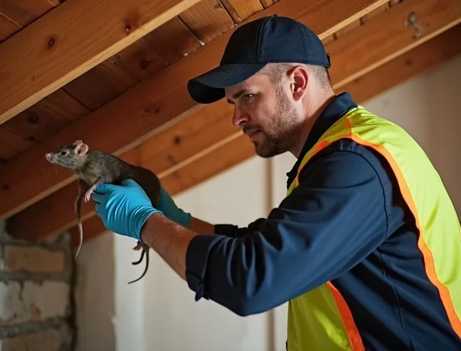 Technician inspecting a roof cavity for a dead rat in Connewarre