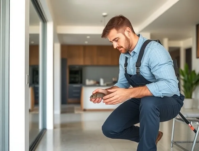 Technician in protective gloves removing a deceased rodent from a wall cavity in Connewarre